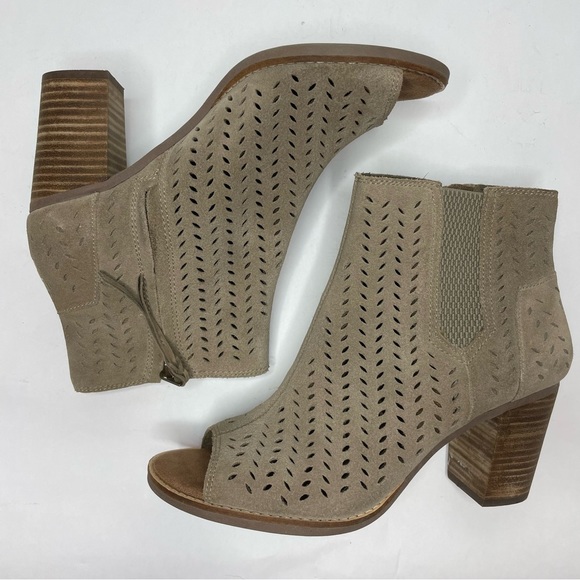 Toms Heels Majorca Peep Toe Suede Taupe Tan Booties Size 9 W - Picture 2 of 9